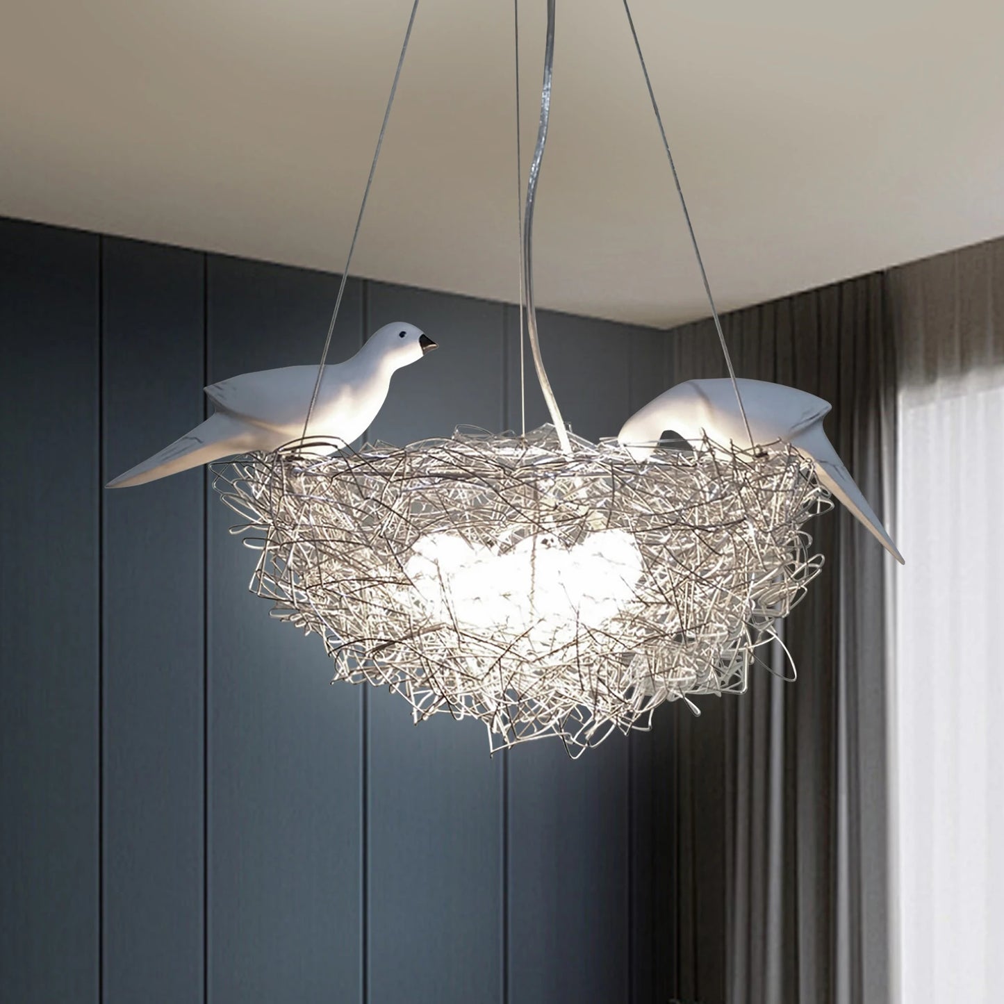 5 Light Woven Nest Chandelier Contemporary Metal Pendant Lamp with Bird Accents LED Hanging Ceiling Light Fixture