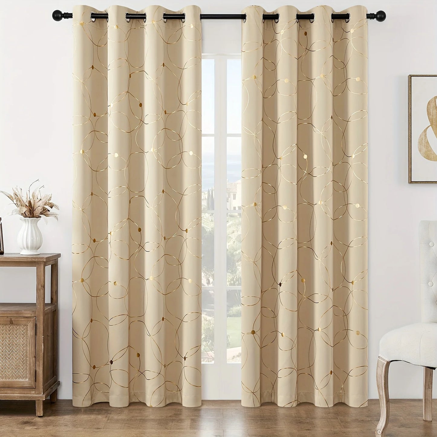 2Pcs Golden Wave & Circle Blackout Curtains Thermal Insulated Light Filtering Drapes