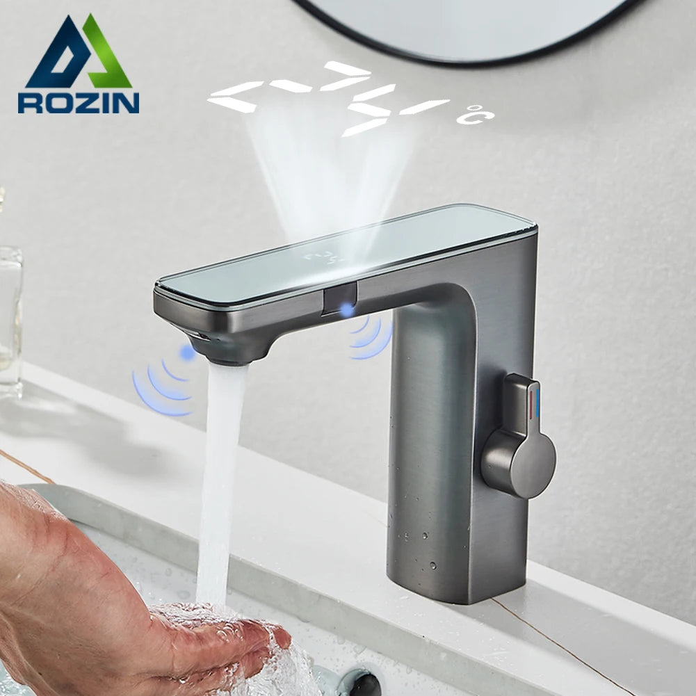 Rozin Touchless Sensor Basin Faucet with Smart Digital Display Grey Brass Hot and Cold Water Mixer Tap