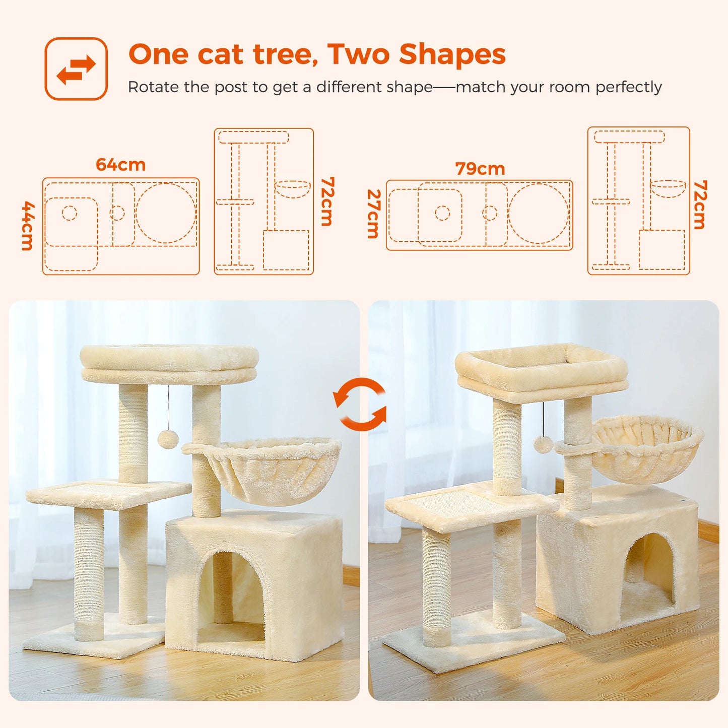 2 in 1 Cat Tree with Sisal Scratching Post Hammock Large Cat Condo Small Cat Tower House for Indoor Cat Scratcher Board Cat Toys