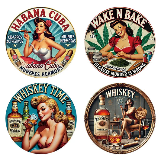 Vintage Metal Tin Signs Set Eight By Eight Inch Retro Decor