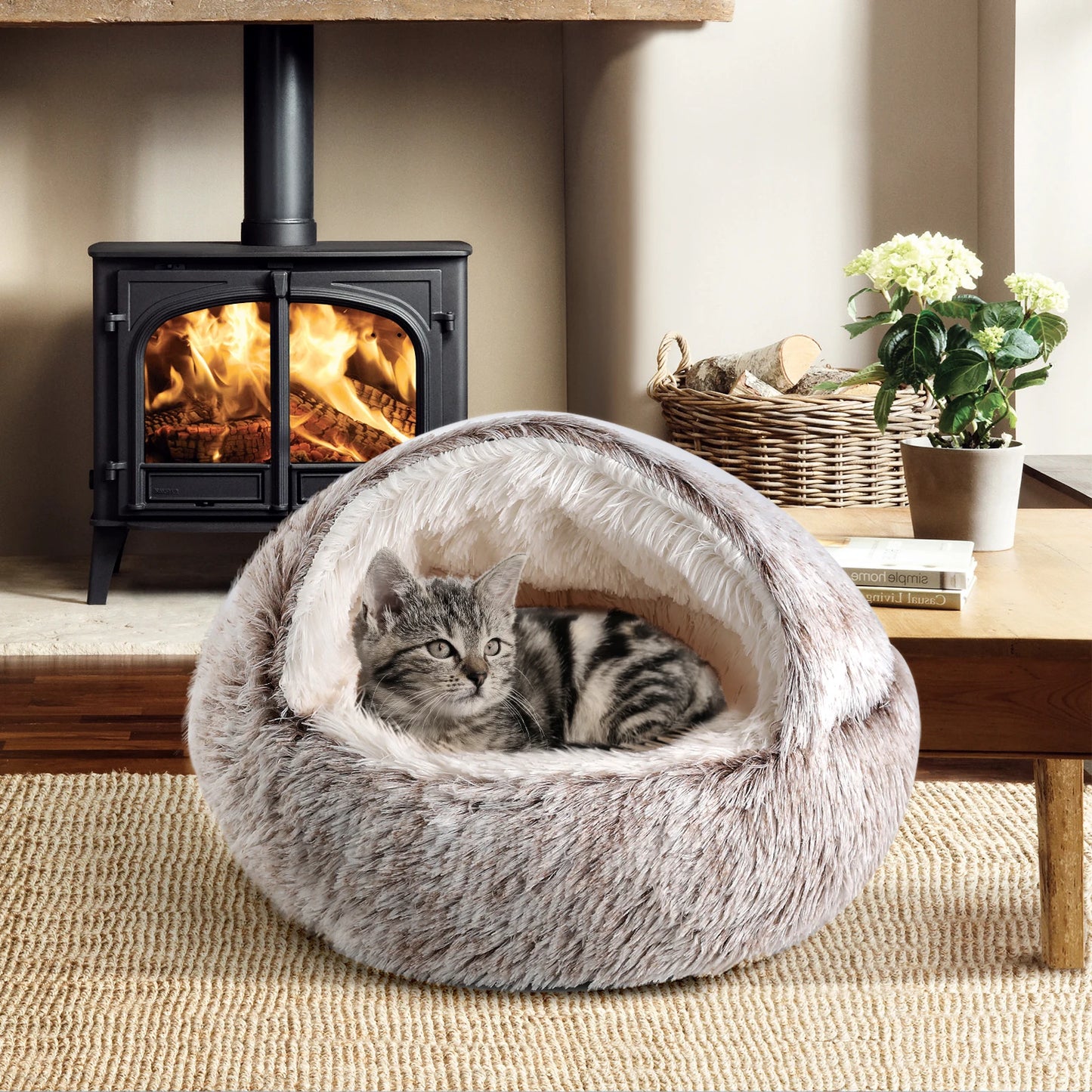 Catism 50Cm Plush Hooded Cat Bed Indoor Calming Nest Self Warming Cozy Cave