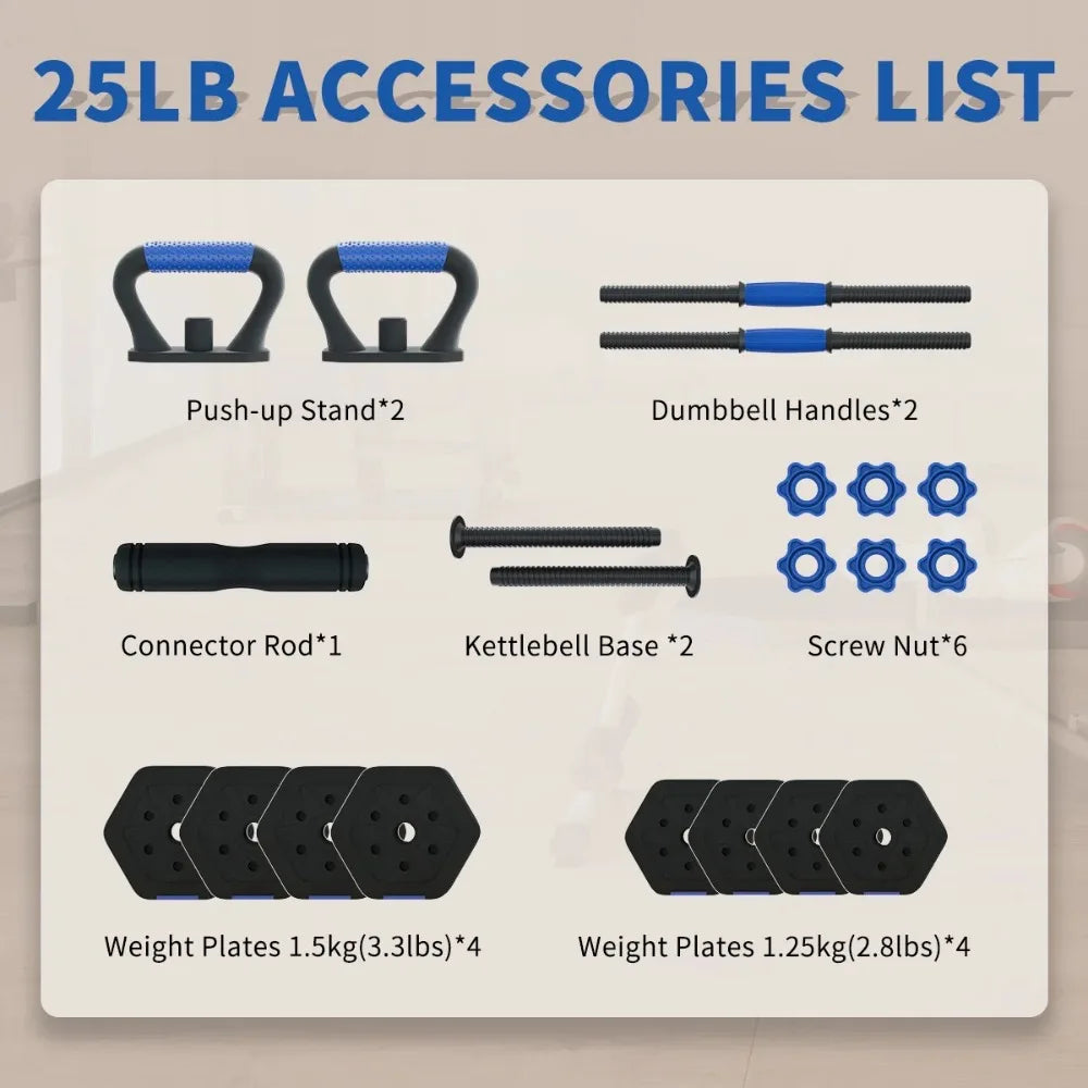 Adjustable Dumbbells Set 25 Lbs Free Weight Set with Connector 4 In 1 Dumbbells Used as Barbell Kettlebells Push Up Stand