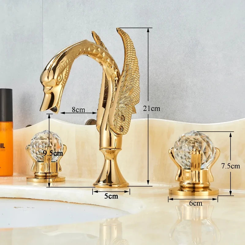 Wanmivezlo Gold Swan Basin Faucet Luxury Deck Mounted Dual Crystal Handle Bathroom Mixer Tap Cold and Hot Water