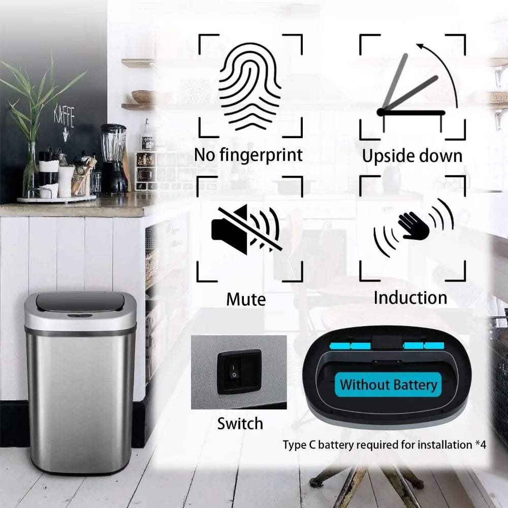 Trash Can Automatic Waste Bin Mute Metal Garbage Can with Lid Stainless Steel 13 Gallon 50 Liter for Kitchen Office Bedr