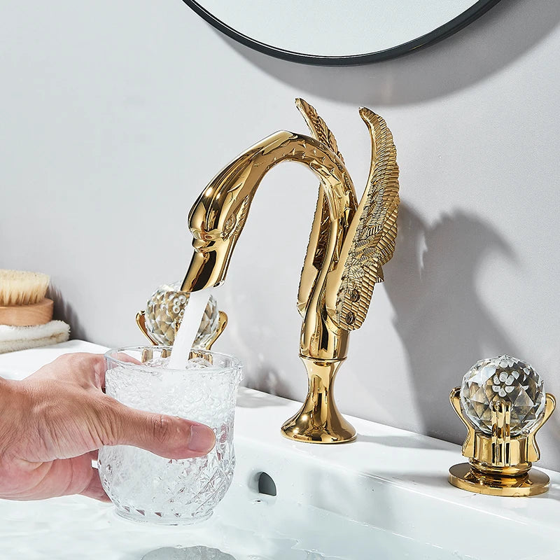 Wanmivezlo Gold Swan Basin Faucet Luxury Deck Mounted Dual Crystal Handle Bathroom Mixer Tap Cold and Hot Water