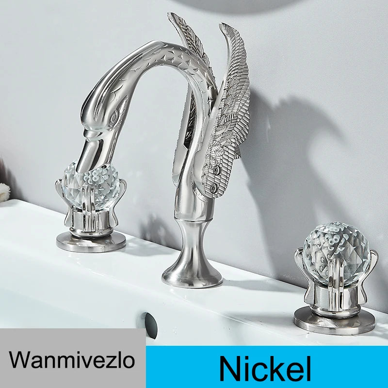 Wanmivezlo Gold Swan Basin Faucet Luxury Deck Mounted Dual Crystal Handle Bathroom Mixer Tap Cold and Hot Water