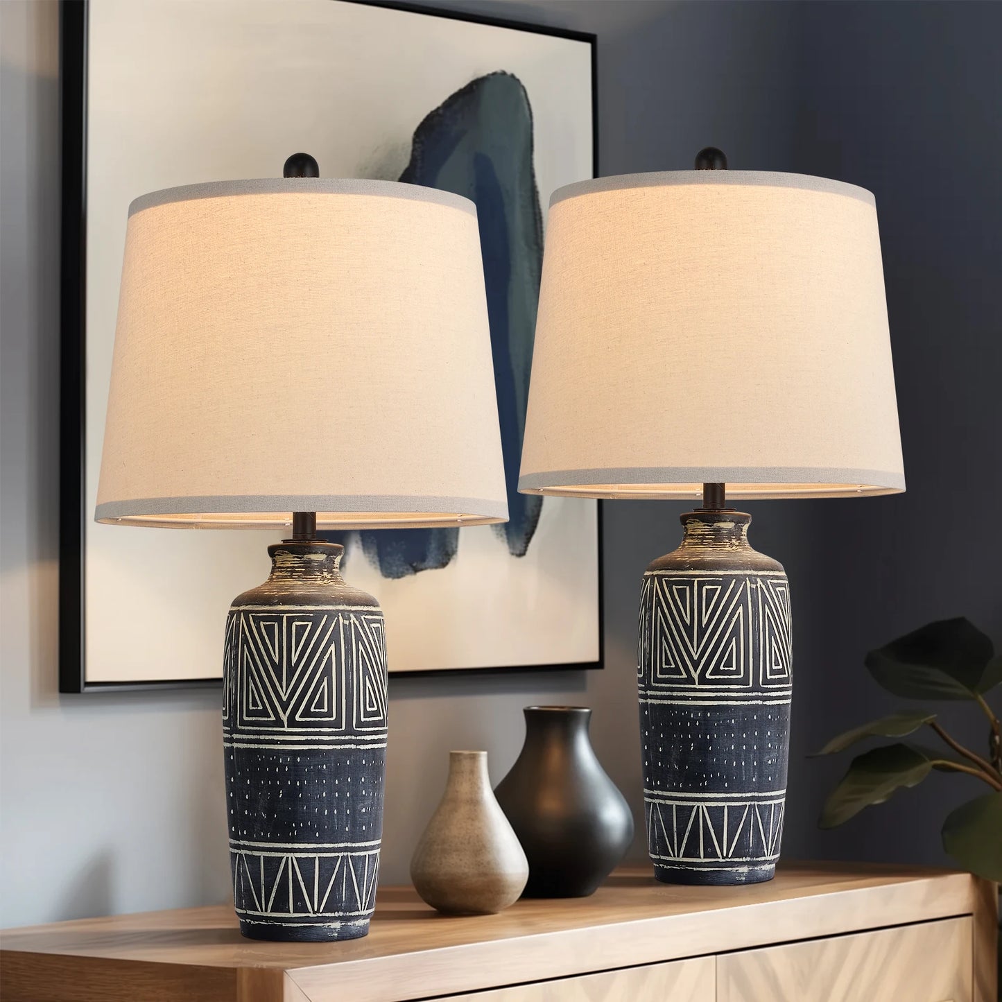 2 Pack 25-Inch Carved Geometric Ceramic Table Lamp With Linen Shade, Southwest's Rustic Accent Lamps