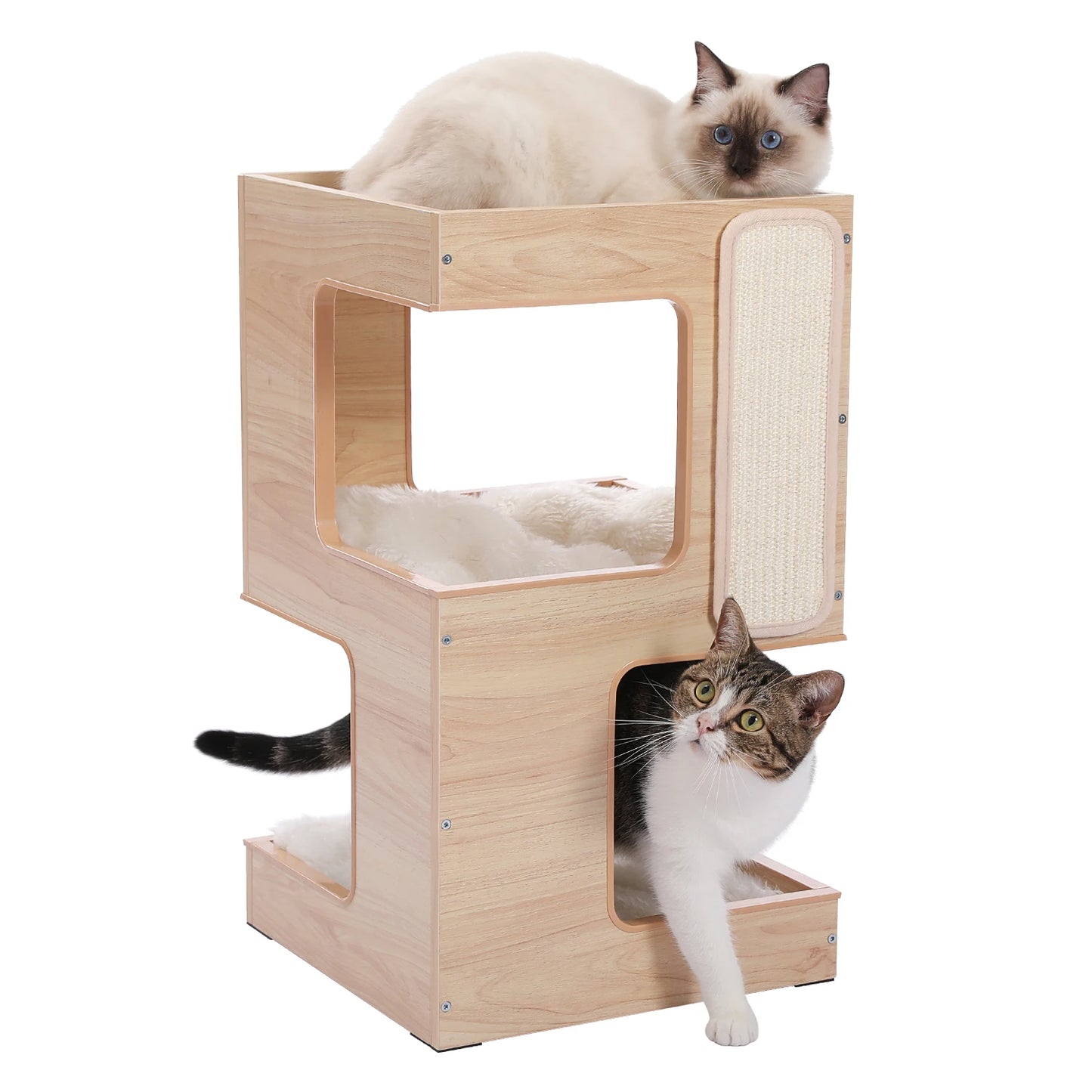 Modern Cat Tree with Scratcher Board and Removable Cushion Three Level Furniture Bed with Spacious Top Scratching Pad and Interactive Toys