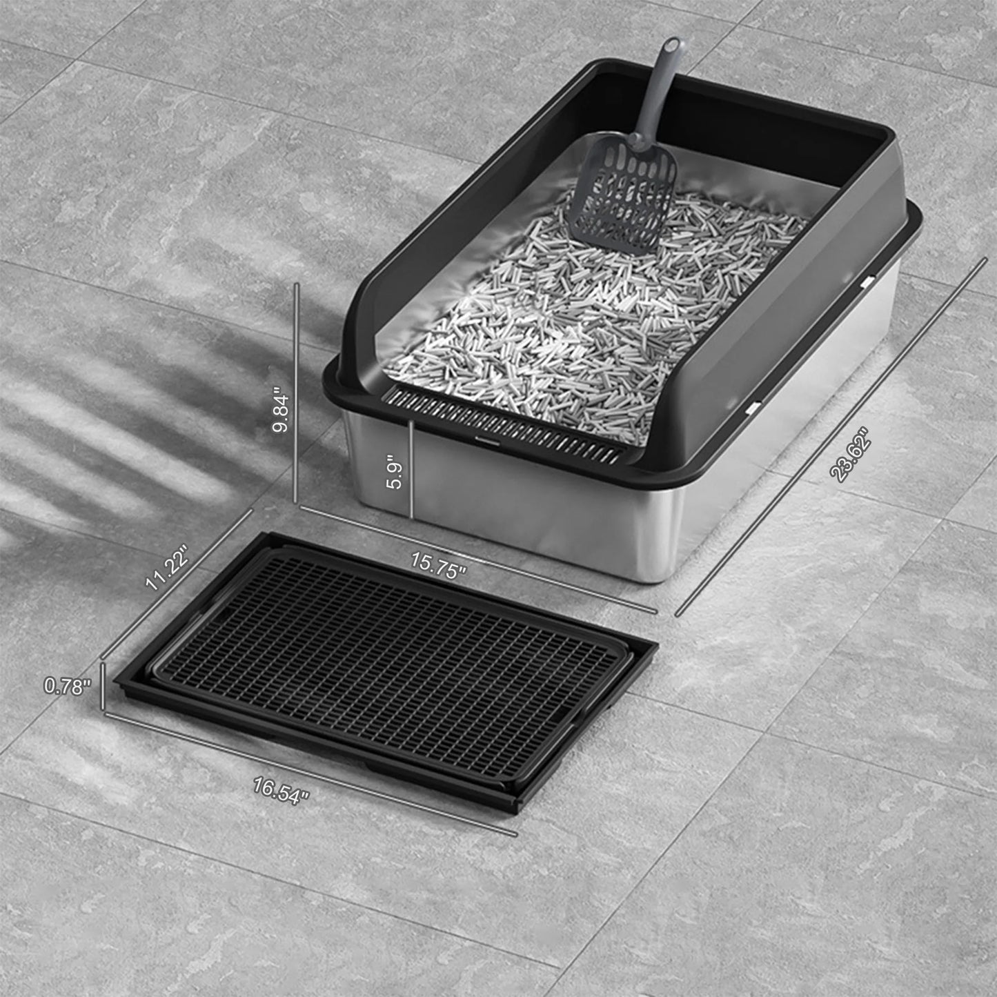 Stainless Steel Cat Litter Box High Sided For Big Cats Double Layer Litter Mat And Scoop Included