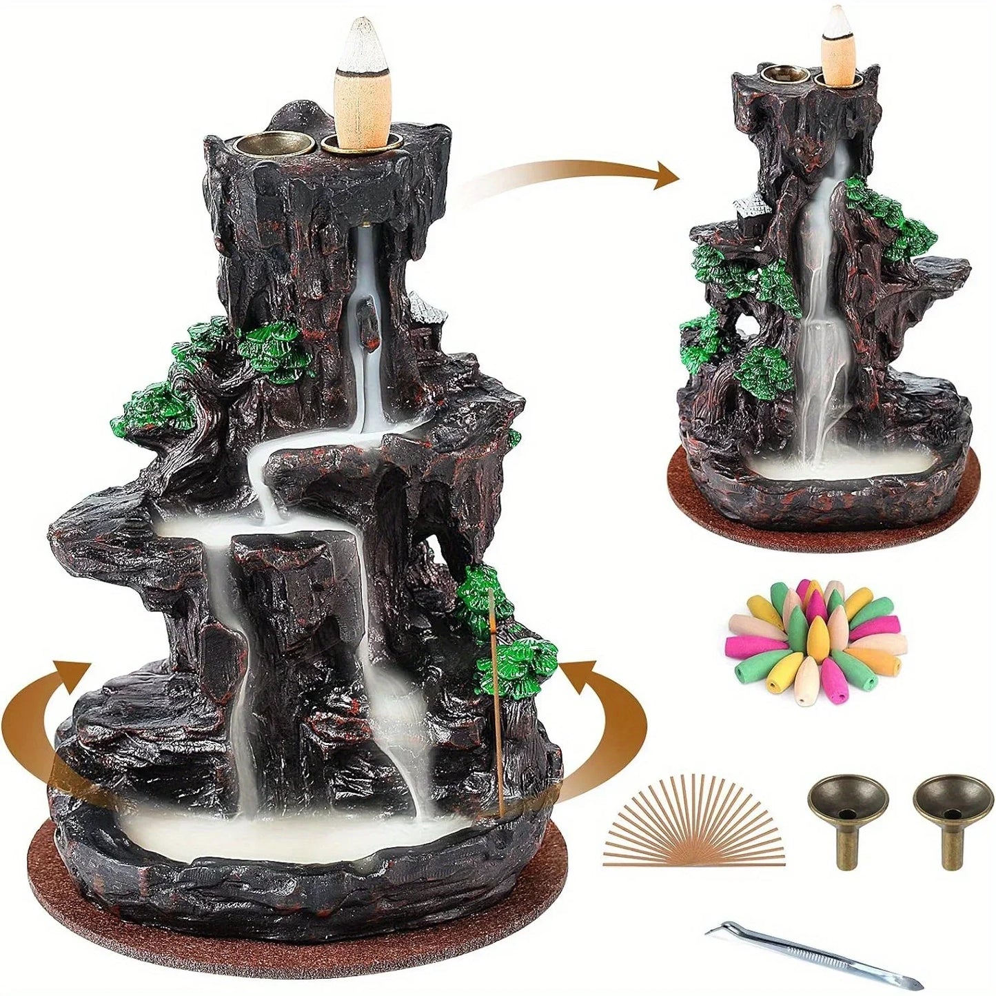 2 Sides Waterfall Incense Burner with 120 Backflow Incense Cones and 30 Incense Sticks Aromatherapy Ornament