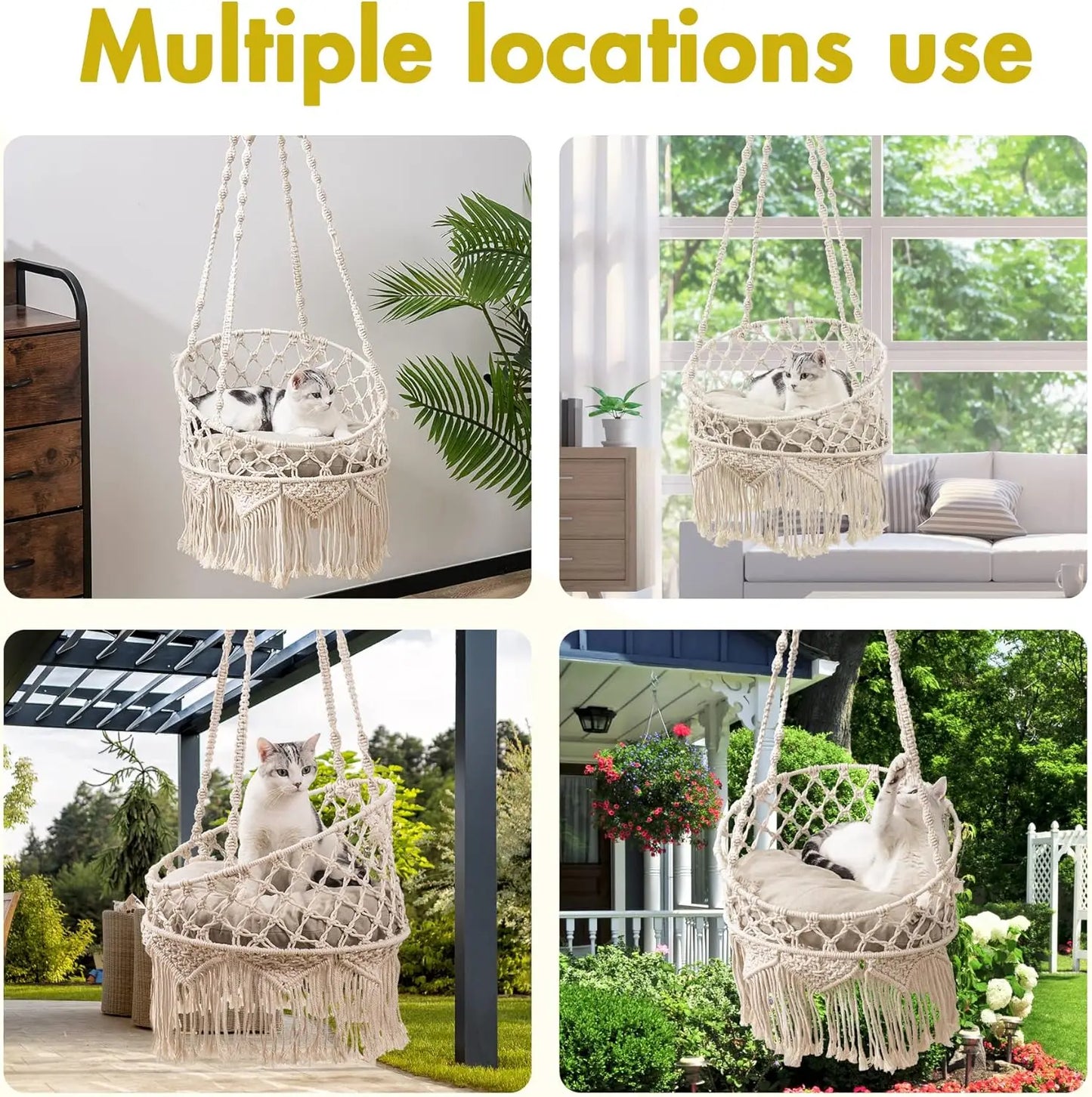 Mewoofun Macrame Cat Hammock Bed Hanging Swing Boho Cat Bed