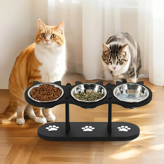 Cat 3 Bowls in 1 Feeder Feeding & Watering Supplies Food Bowl 15-Degree Tilt Raised Puppy 3 Stainless Steel Bowls Wood Brackets