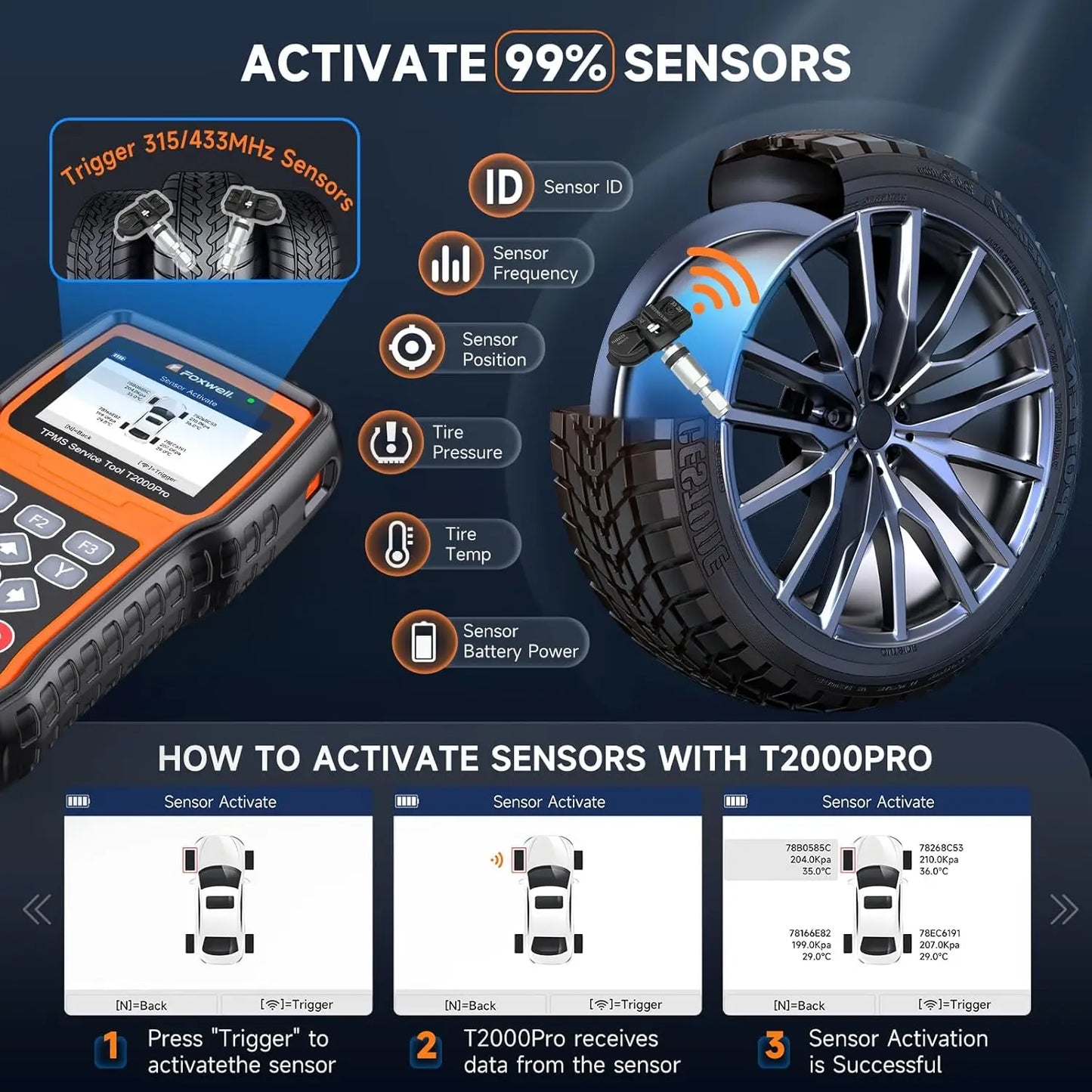 Foxwell T2000 Pro Auto Tire Pressure Tool TPMS Relearn Activate Sensors Programming OBD2 Code Reader Diagnostic Tool