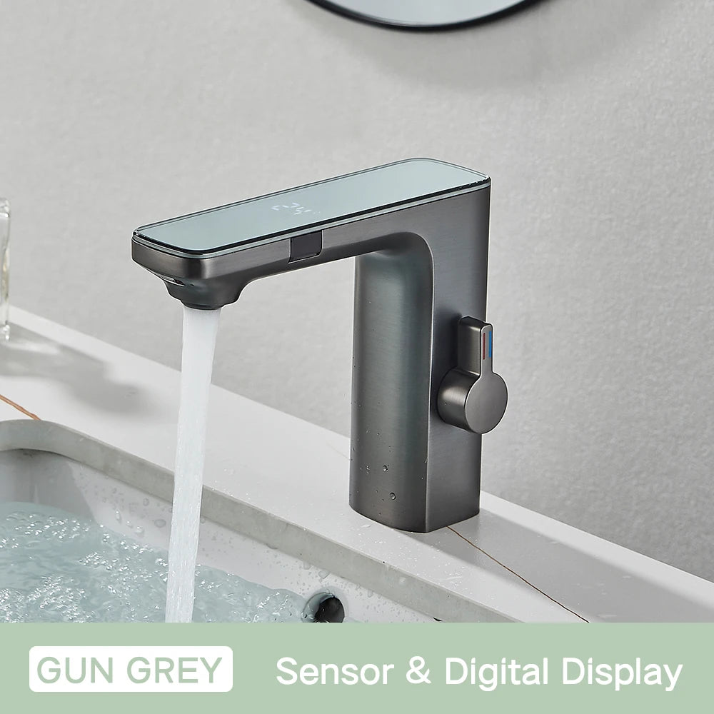 Rozin Touchless Sensor Basin Faucet with Smart Digital Display Grey Brass Hot and Cold Water Mixer Tap