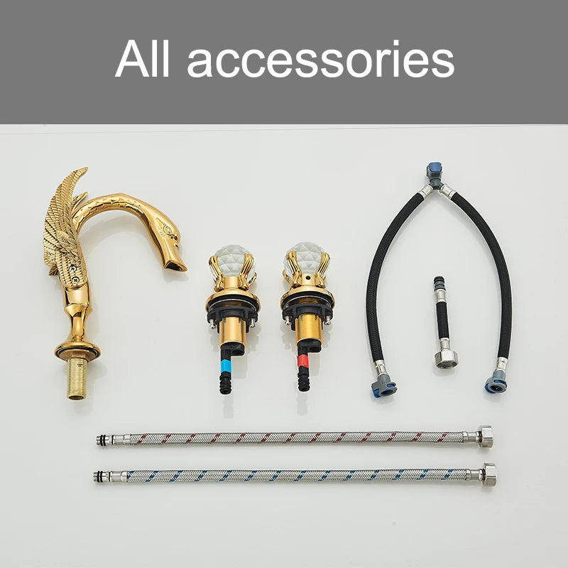 Wanmivezlo Gold Swan Basin Faucet Luxury Deck Mounted Dual Crystal Handle Bathroom Mixer Tap Cold and Hot Water